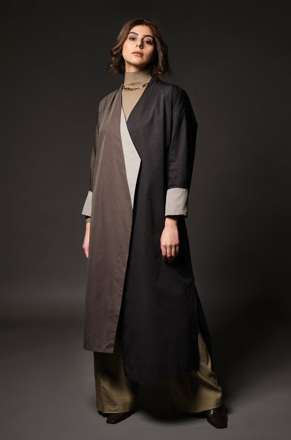 Panel Wrap Coat Abaya in Warm Greys and Black