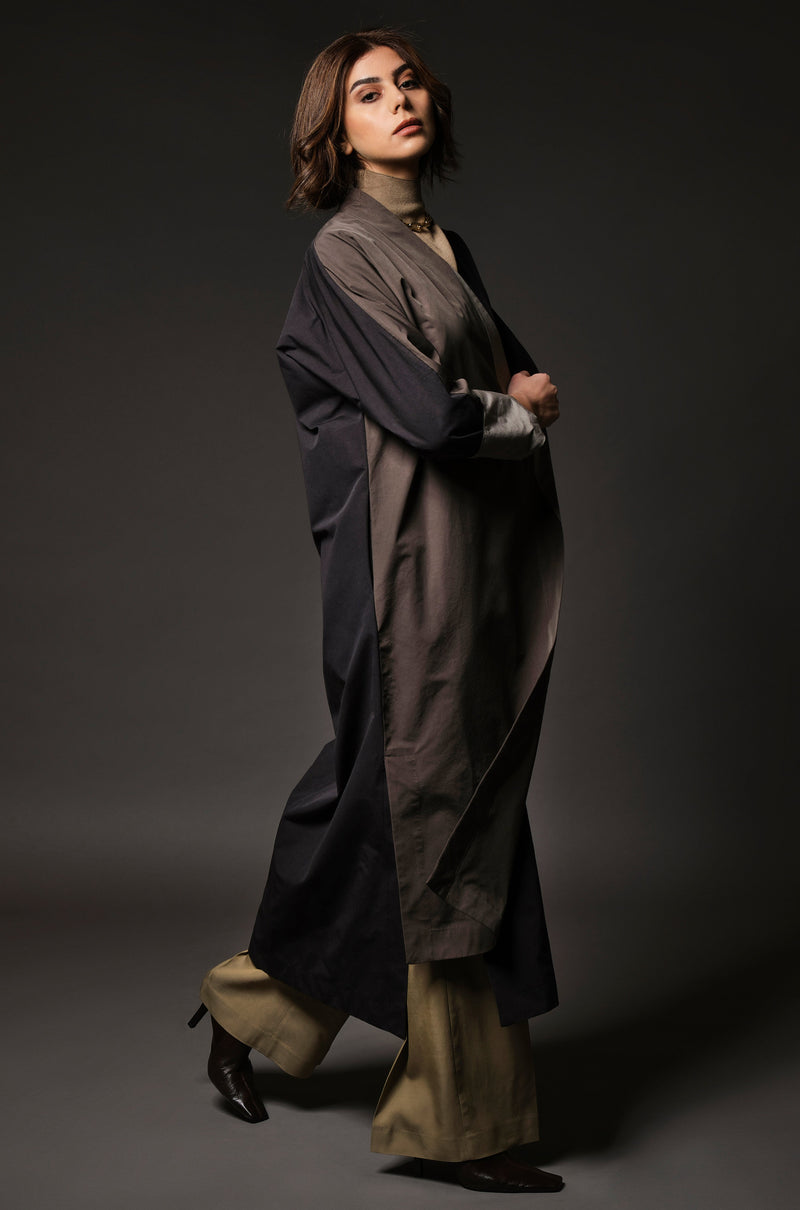 Panel Wrap Coat Abaya in Warm Greys and Black