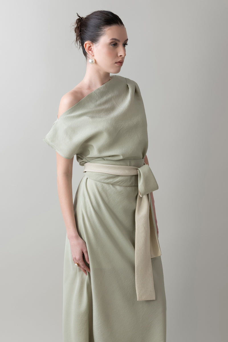 Pleated Dress in Pale Sage