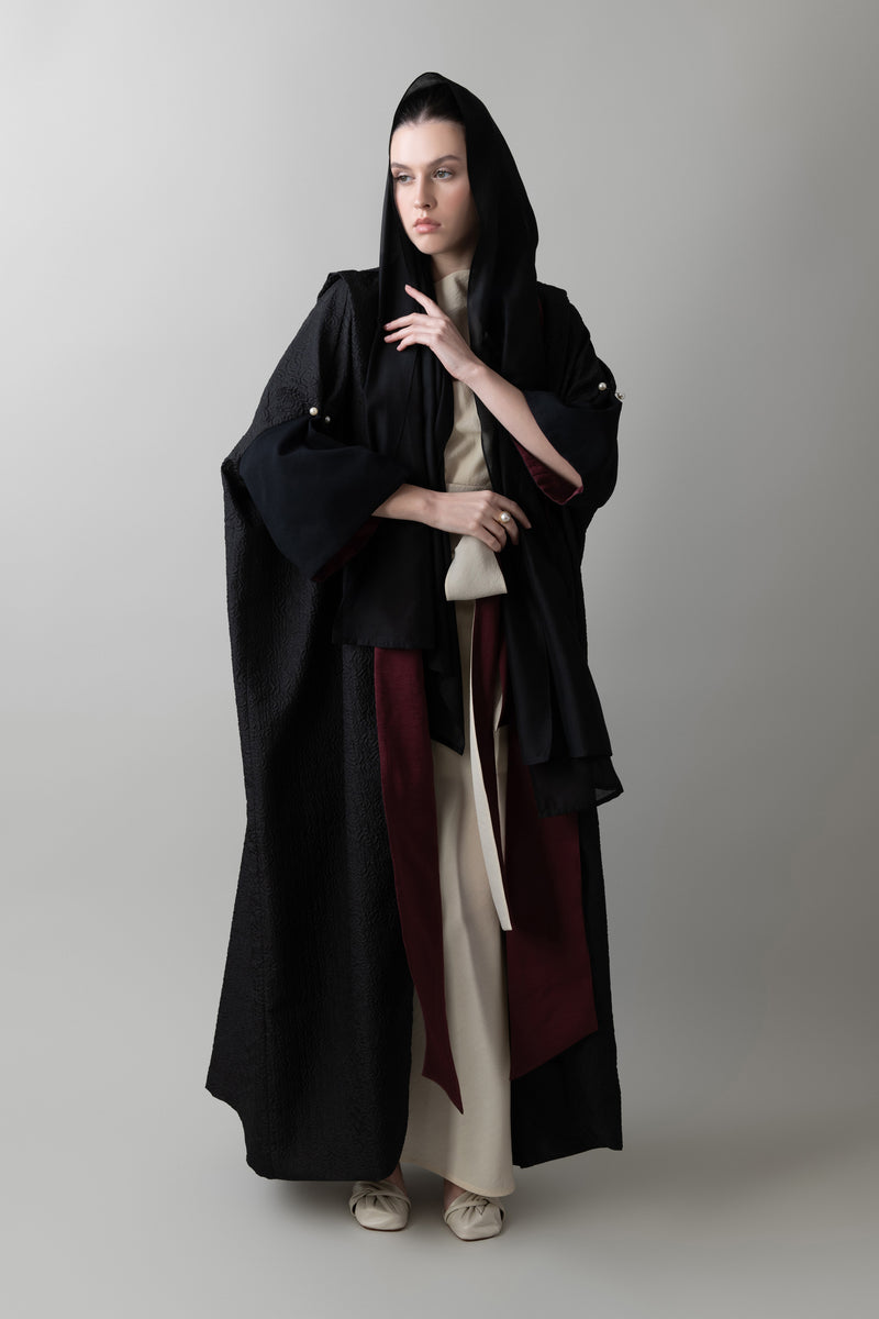 Bloom Abaya in Black & Burgundy