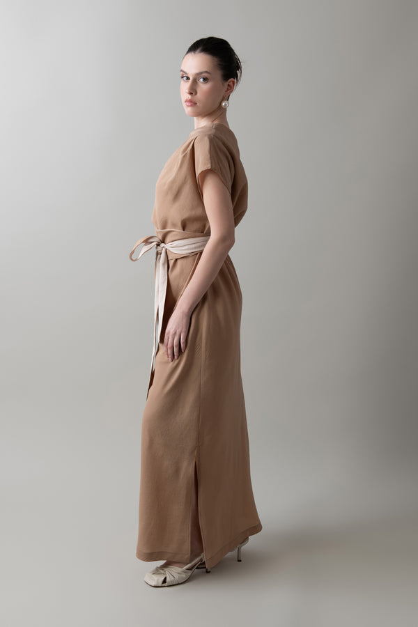 Pleated Dress in Toasted Almond