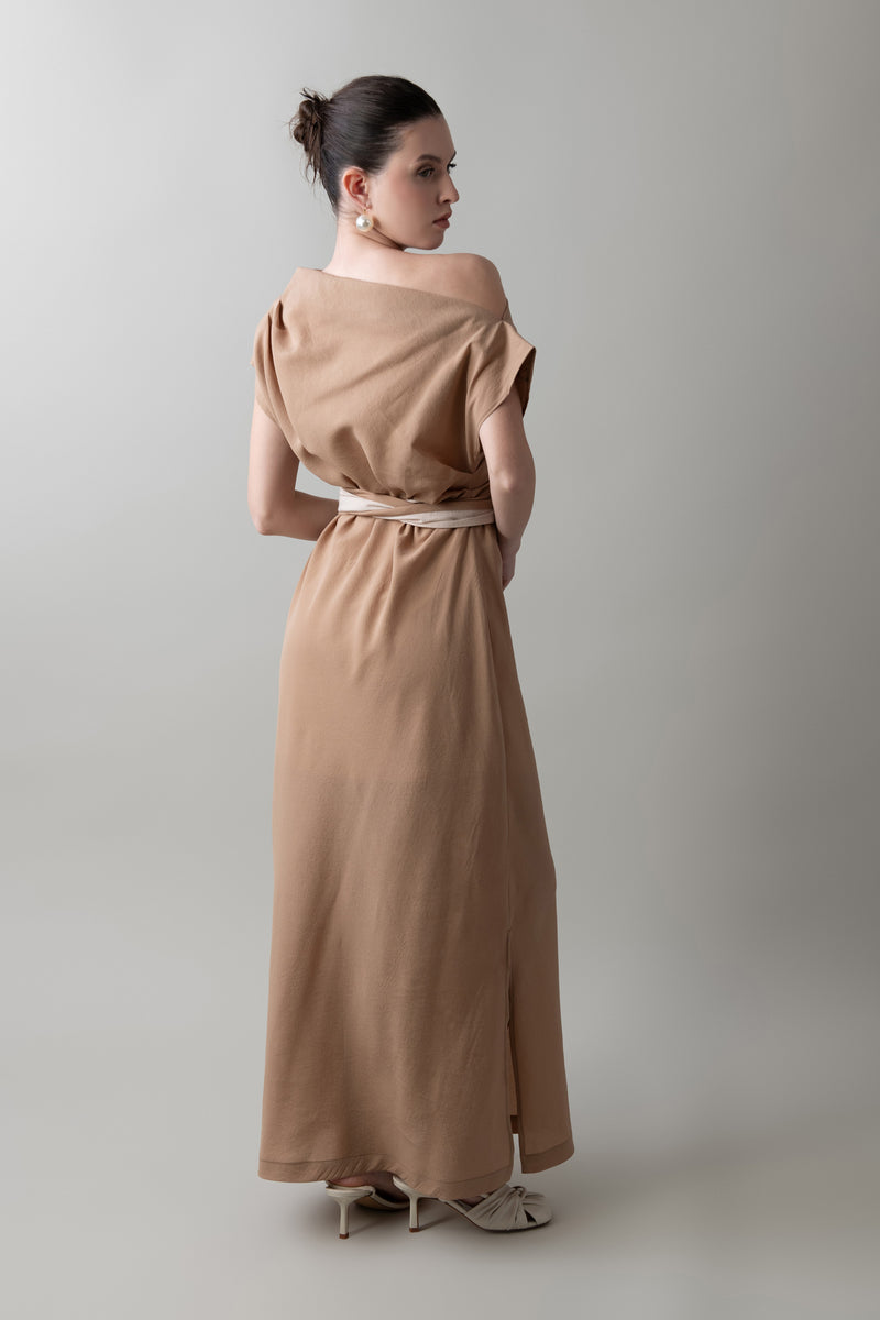 Pleated Dress in Toasted Almond