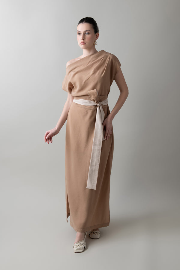 Pleated Dress in Toasted Almond