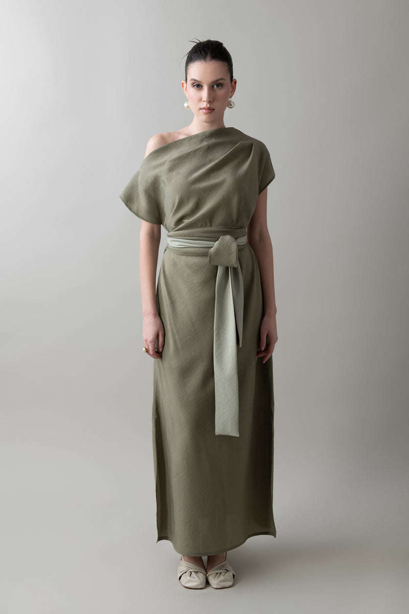 Pleated Dress in Dark Olive