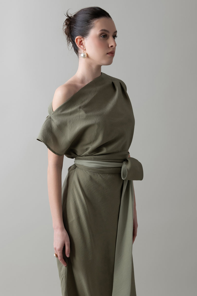 Pleated Dress in Dark Olive